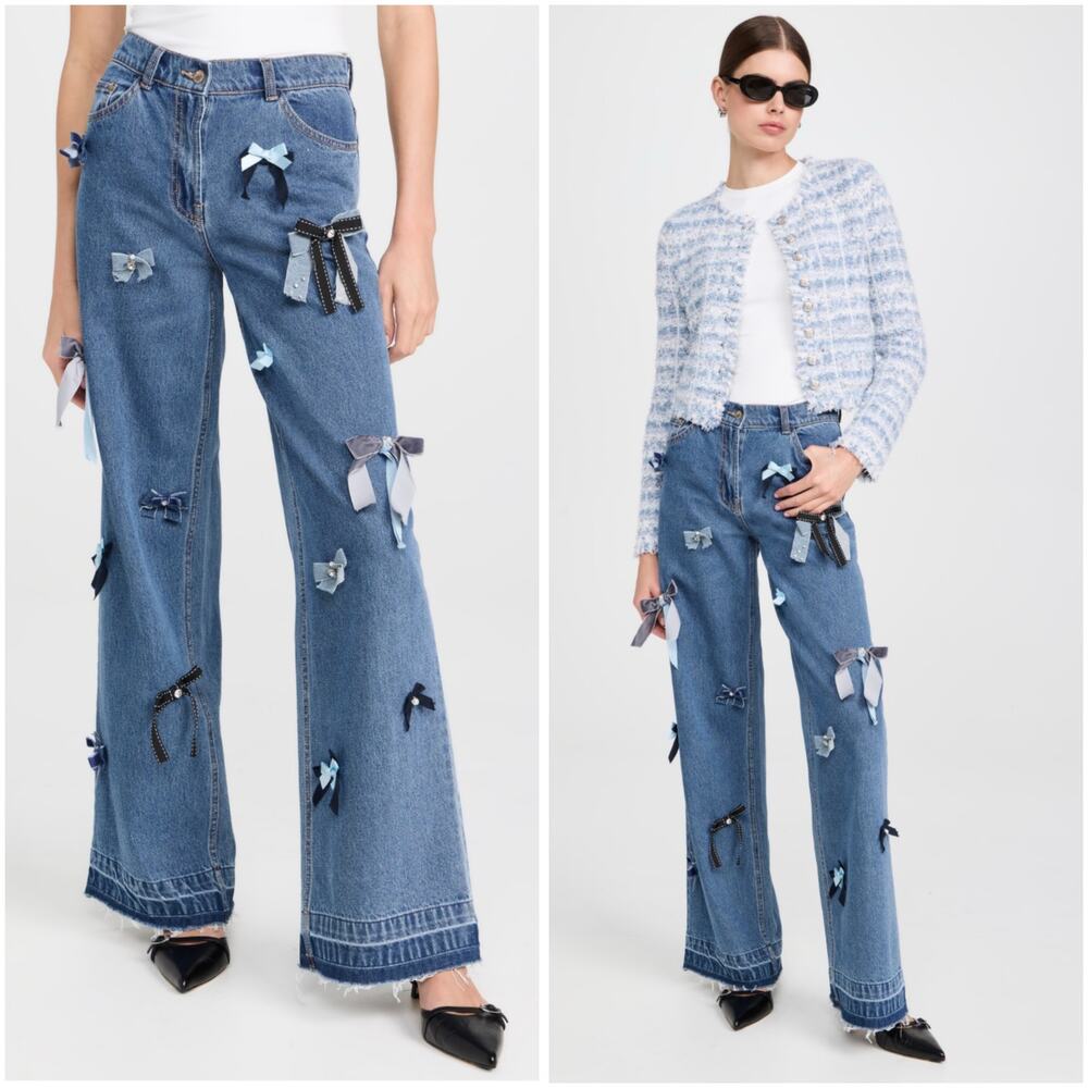 Loveshackfancy Dessa Bow Embellished Wide Leg Jeans size 29